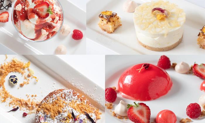 Indulge in our delectable desserts: decadent Eton Mess with locally sourced strawberries, warm apple cake with fudge crumb, zesty lemon cheesecake, an